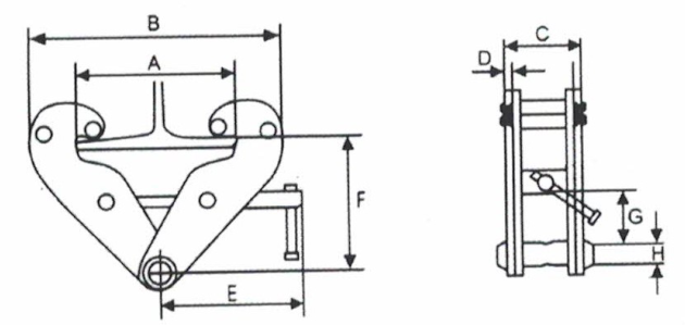 1.Use: Fix on the steel to support the hoist block equipment 2. Loading range: 0 to 10 ton. 3.It is manufactured by low-carbon hi-quality alloy steel. 4.Only hang by the single drum, test load is the max, operation load 2 times.  5.Usage way: Lock the screw counter-clockwise, and loosen the clamp mouse. Clamp the inferior border of I-steel as the picture. Lock the screw clockwise to clamp tightly.  7. Don’t overload to use. 